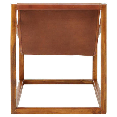 Brown Leather and Teak Wood Sling Chair