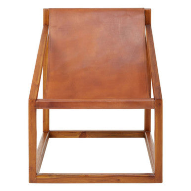 Brown Leather and Teak Wood Sling Chair