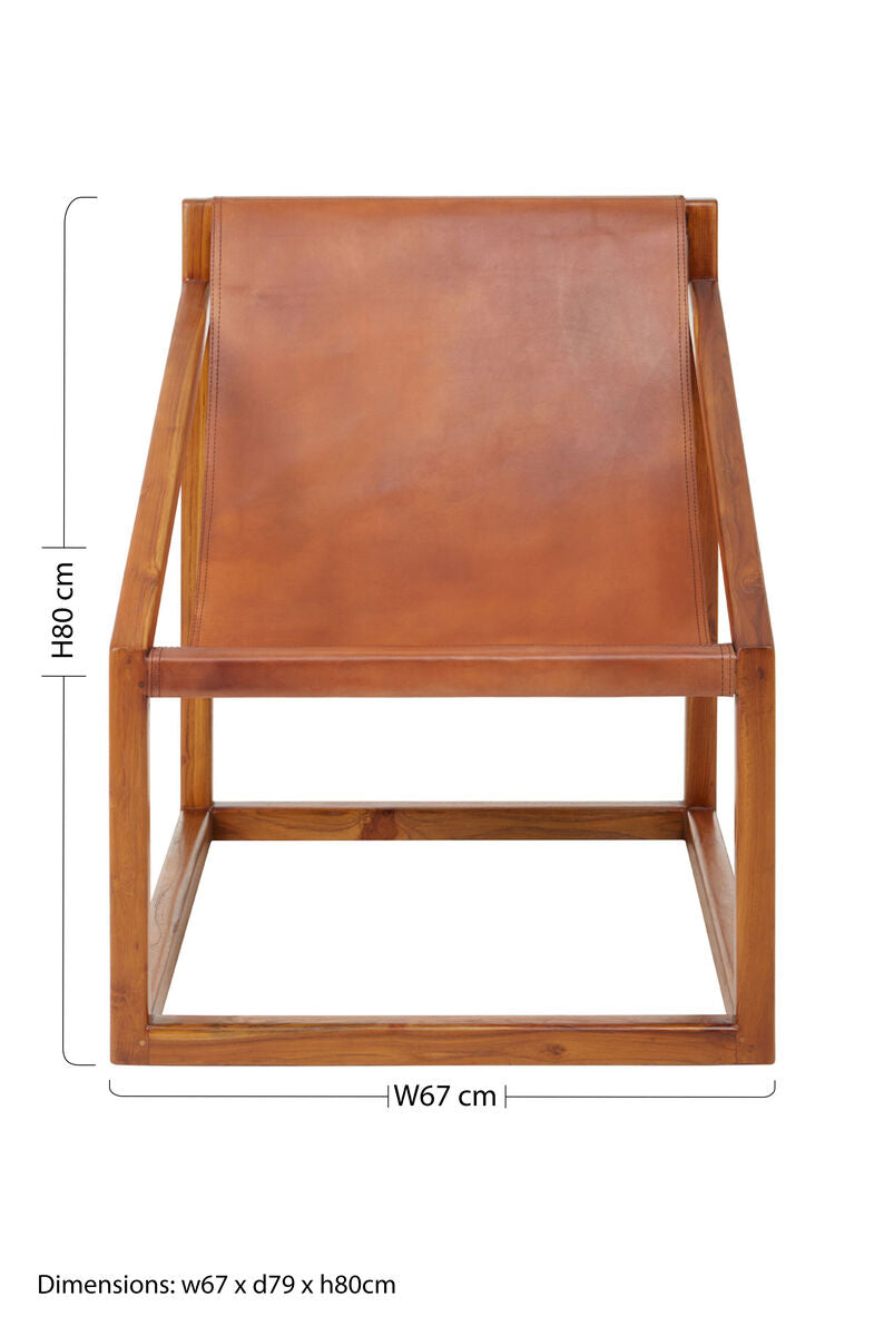 Brown Leather and Teak Wood Sling Chair