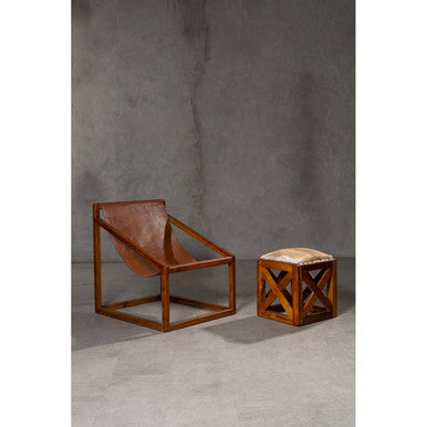 Brown Leather and Teak Wood Sling Chair