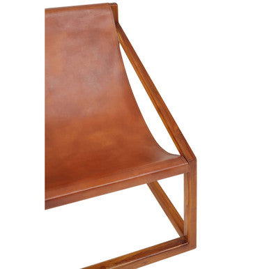 Brown Leather and Teak Wood Sling Chair