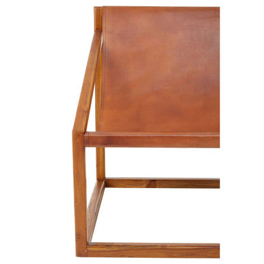 Brown Leather and Teak Wood Sling Chair