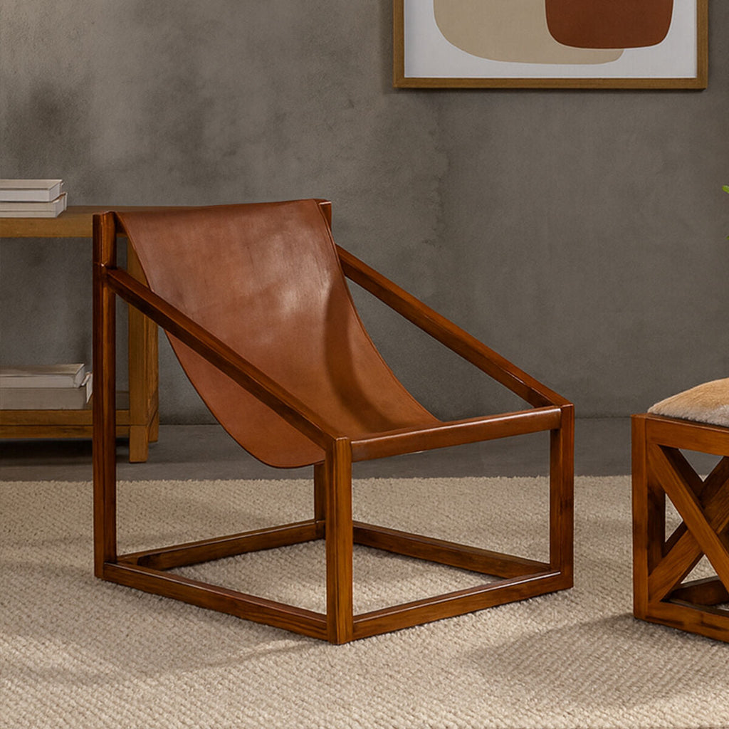 Brown Leather and Teak Wood Sling Chair