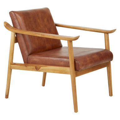 Brown Leather Armchair with Natural Teak Wood Frame