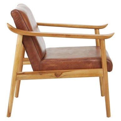 Brown Leather Armchair with Natural Teak Wood Frame