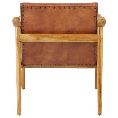 Brown Leather Armchair with Natural Teak Wood Frame