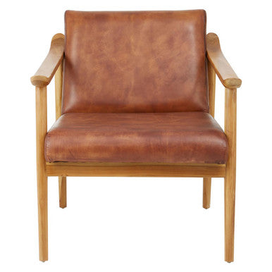 Brown Leather Armchair with Natural Teak Wood Frame