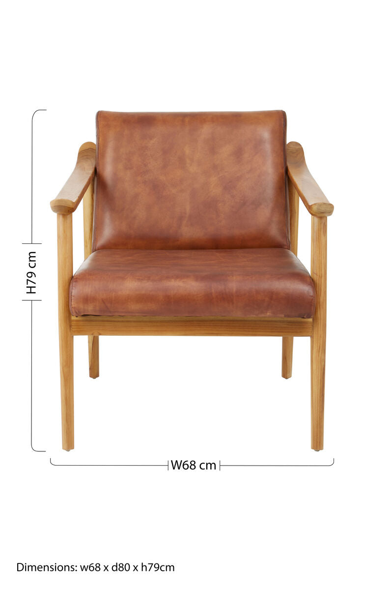 Brown Leather Armchair with Natural Teak Wood Frame