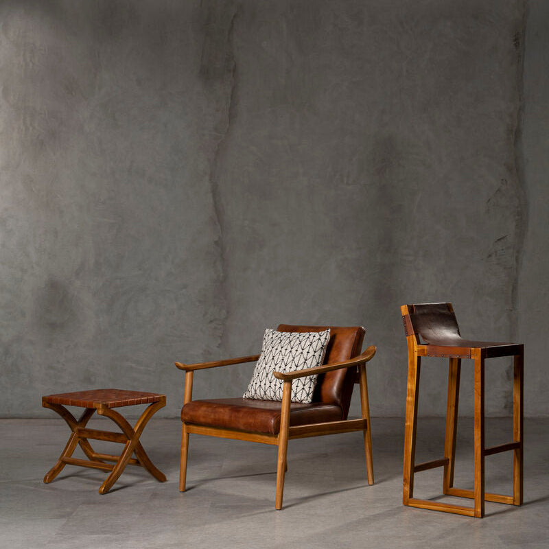 Brown Leather Armchair with Natural Teak Wood Frame