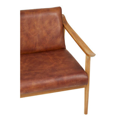 Brown Leather Armchair with Natural Teak Wood Frame