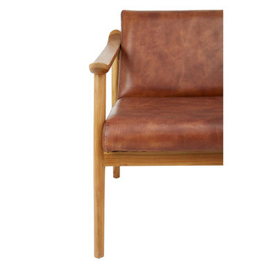 Brown Leather Armchair with Natural Teak Wood Frame