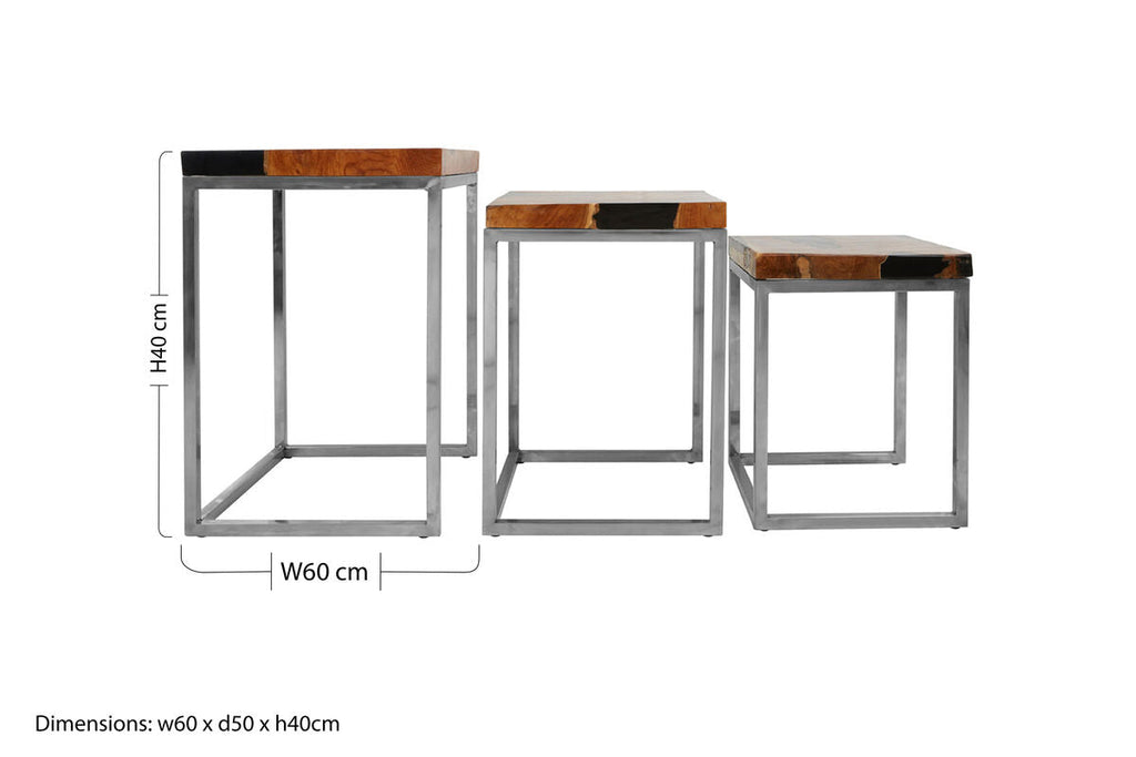 Set of 3 Nesting Tables in Black and Natural Teak Wood with Silver Metal Frame