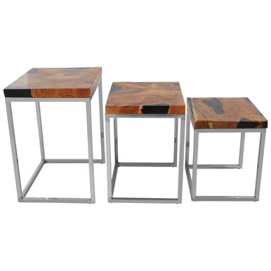 Set of 3 Nesting Tables in Black and Natural Teak Wood with Silver Metal Frame