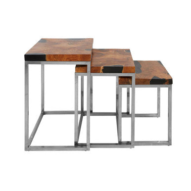Set of 3 Nesting Tables in Black and Natural Teak Wood with Silver Metal Frame