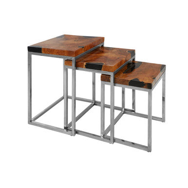 Set of 3 Nesting Tables in Black and Natural Teak Wood with Silver Metal Frame