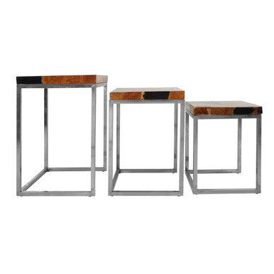 Set of 3 Nesting Tables in Black and Natural Teak Wood with Silver Metal Frame