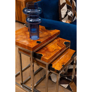 Set of 3 Nesting Tables in Black and Natural Teak Wood with Silver Metal Frame