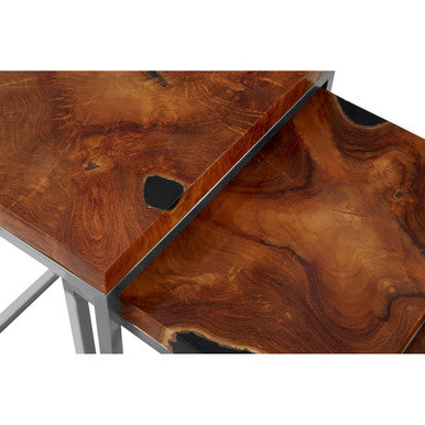 Set of 3 Nesting Tables in Black and Natural Teak Wood with Silver Metal Frame