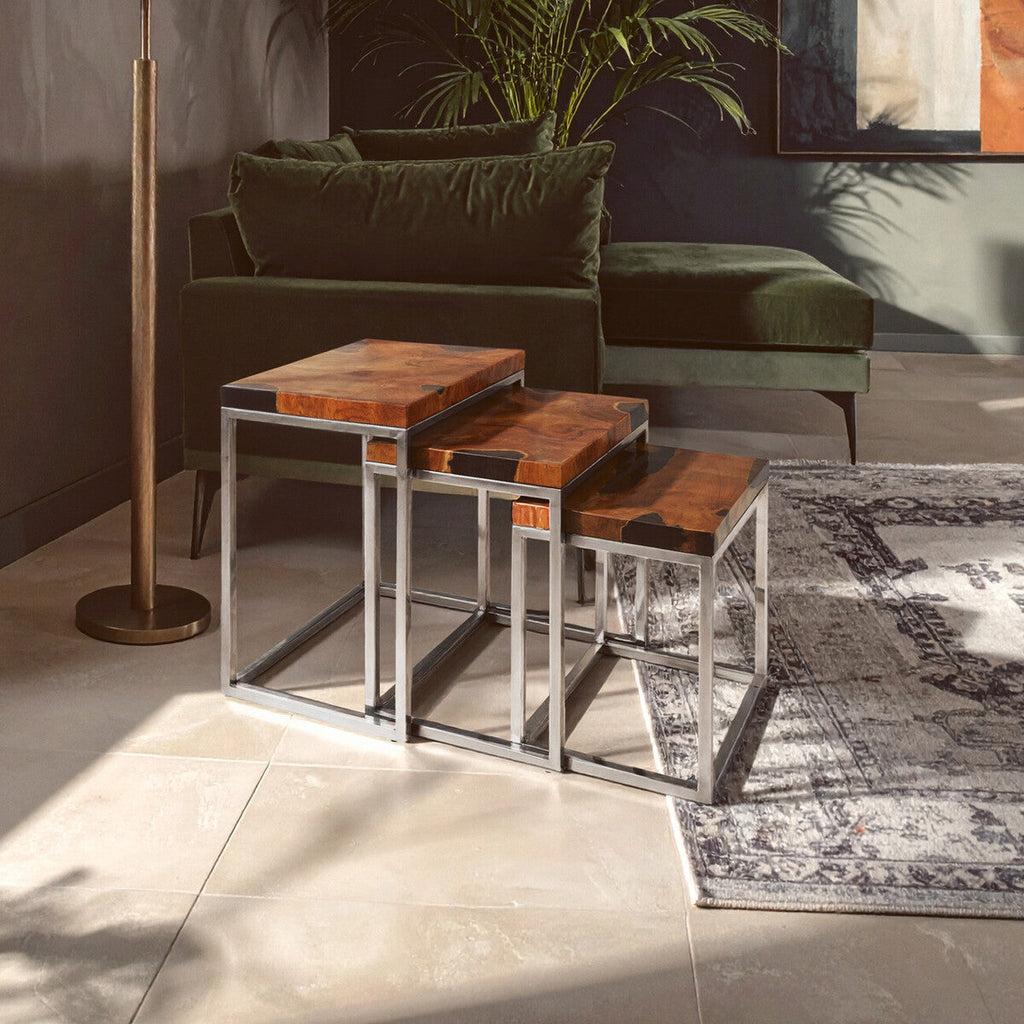 Set of 3 Nesting Tables in Black and Natural Teak Wood with Silver Metal Frame