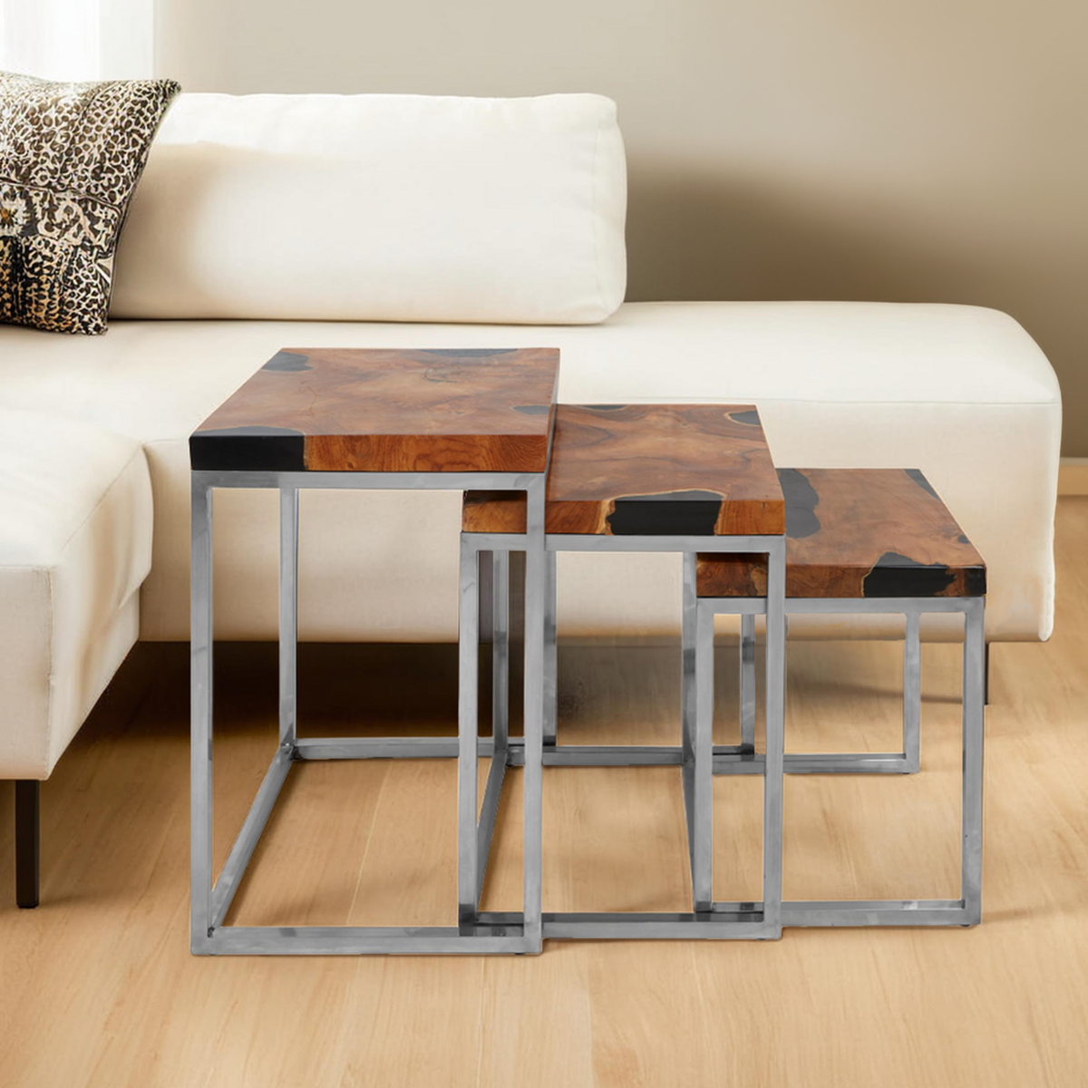 Set of 3 Nesting Tables in Black and Natural Teak Wood with Silver Metal Frame