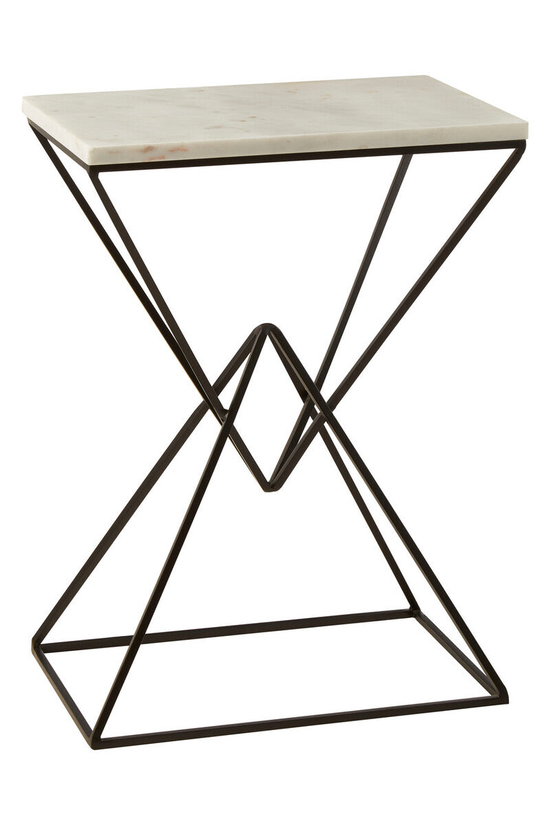 White Marble Rectangular Side Table with Black Prismatic Base