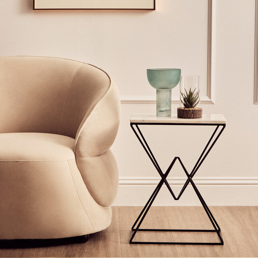 White Marble Rectangular Side Table with Black Prismatic Base
