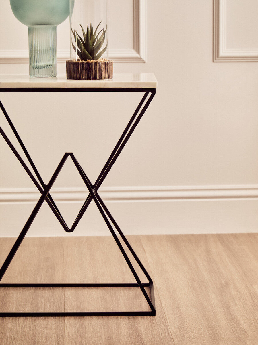White Marble Rectangular Side Table with Black Prismatic Base