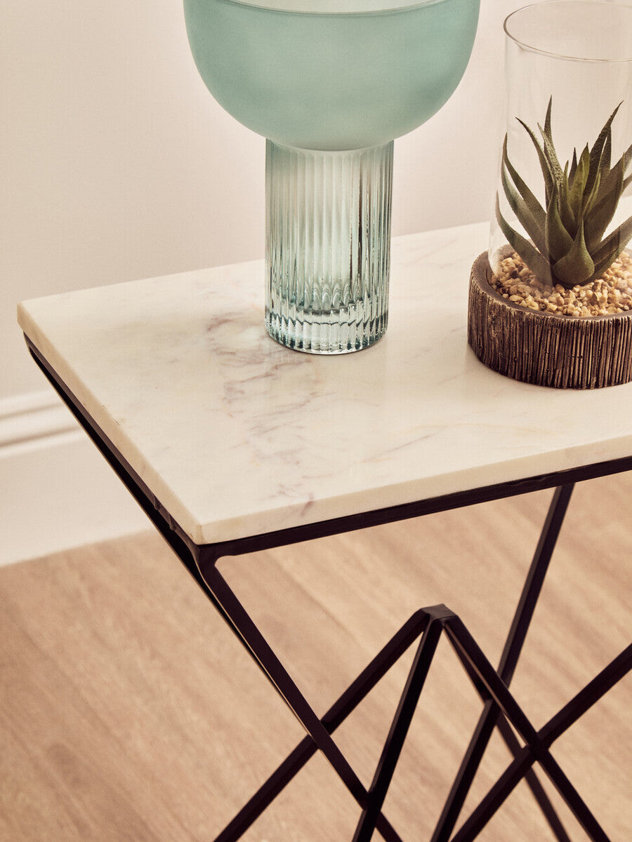 White Marble Rectangular Side Table with Black Prismatic Base