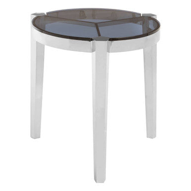 Smoky Grey Glass Round End Table with Silver Frame