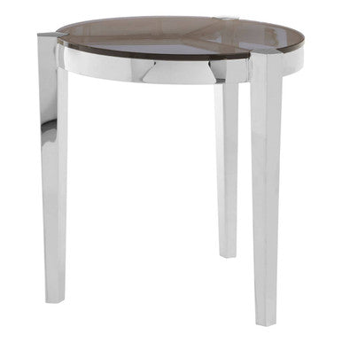 Smoky Grey Glass Round End Table with Silver Frame