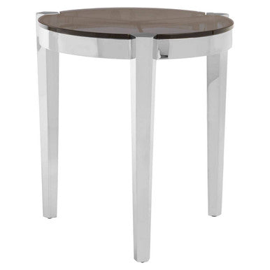 Smoky Grey Glass Round End Table with Silver Frame