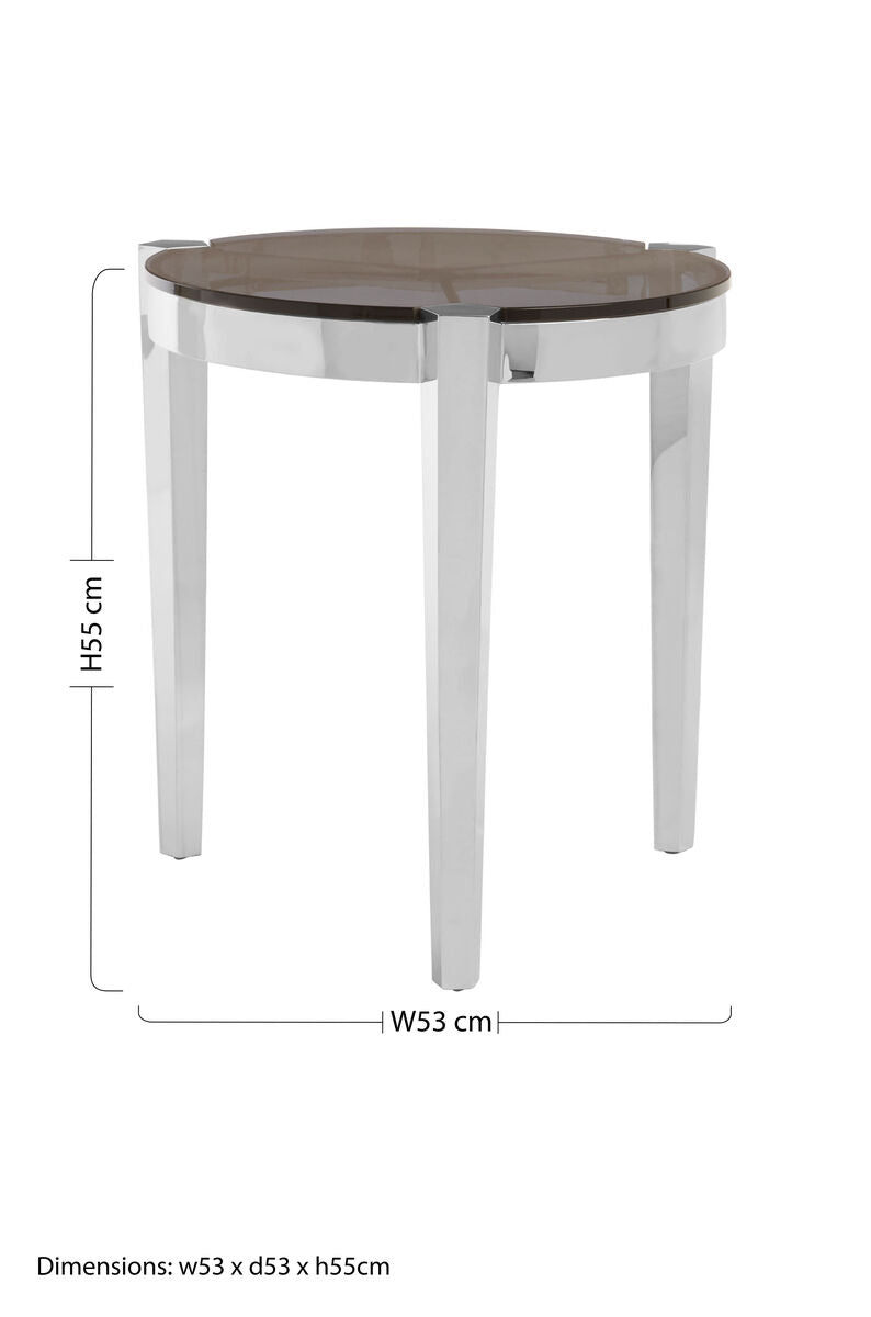 Smoky Grey Glass Round End Table with Silver Frame