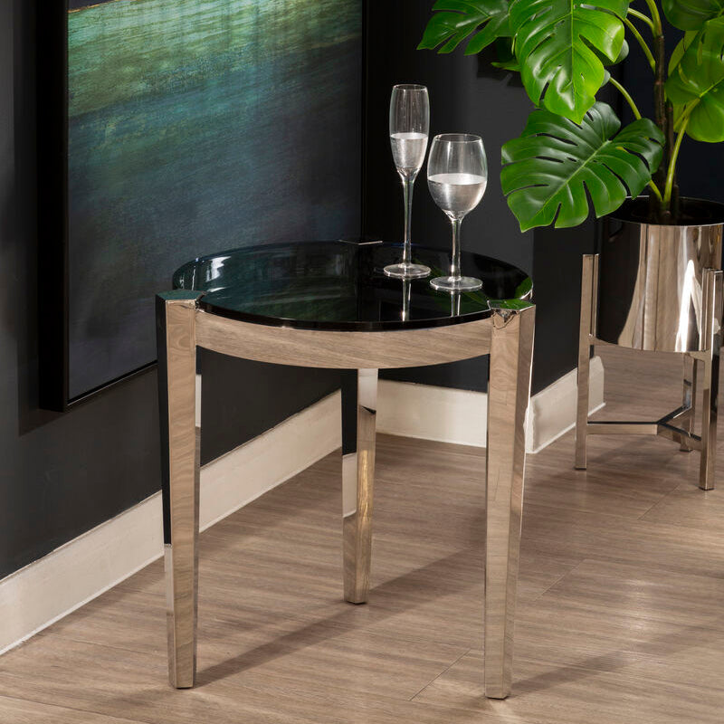 Smoky Grey Glass Round End Table with Silver Frame