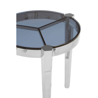 Smoky Grey Glass Round End Table with Silver Frame