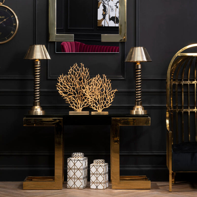 Gold and Black Console Table with Glass Top