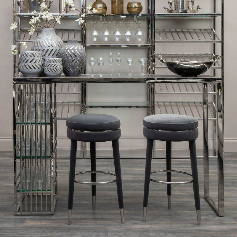 Grey Velvet Bar Stool with Rubberwood Legs