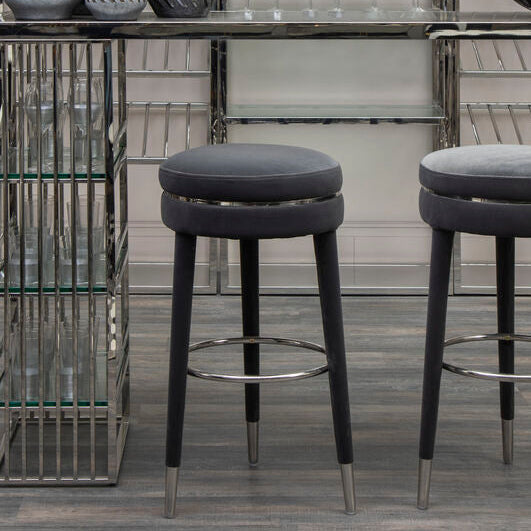 Grey Velvet Bar Stool with Rubberwood Legs