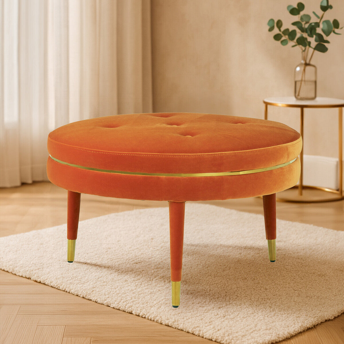 Orange Velvet Footstool with Gold Trim