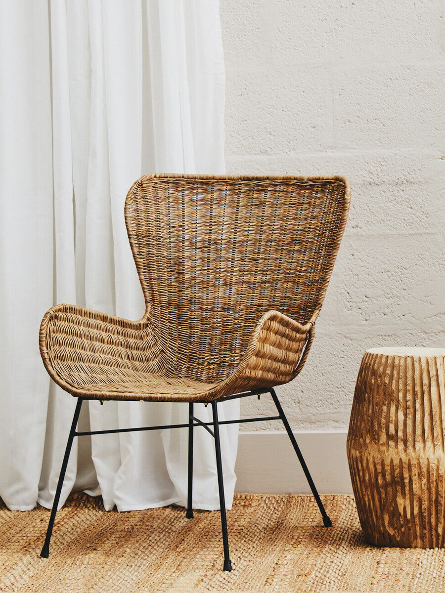 Curved Natural Rattan Chair with Iron Base