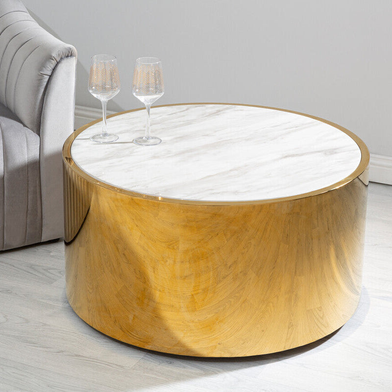 Round White Marble Coffee Table with Gold Steel Base