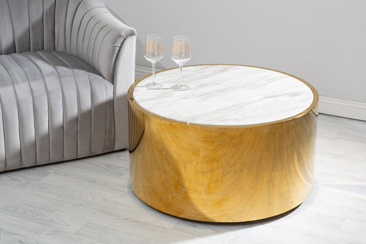 Round White Marble Coffee Table with Gold Steel Base