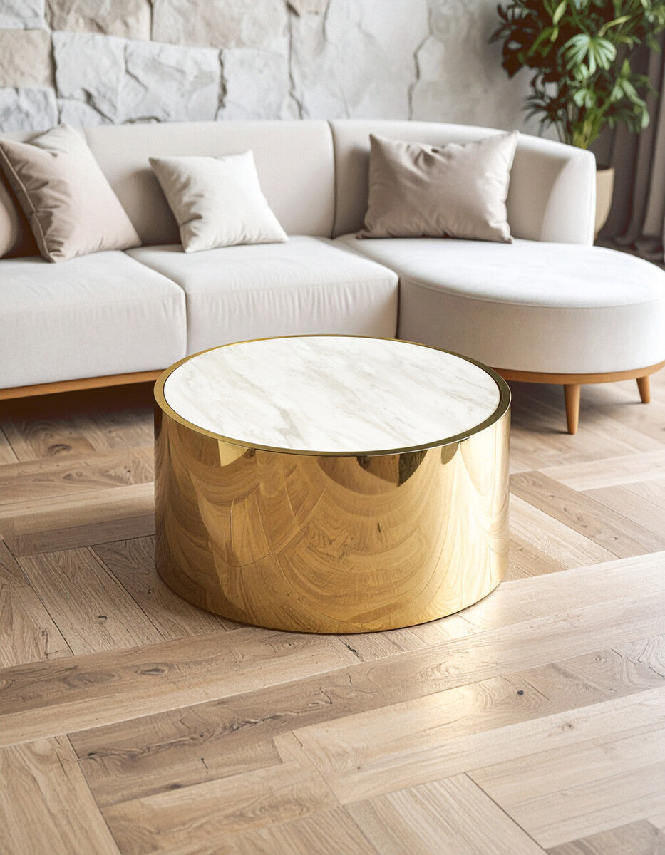 Round White Marble Coffee Table with Gold Steel Base