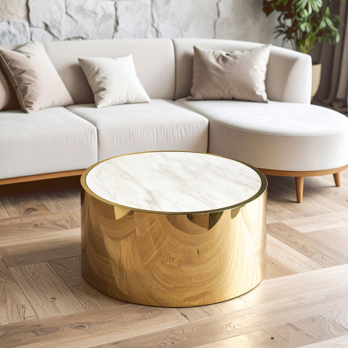 Round White Marble Coffee Table with Gold Steel Base
