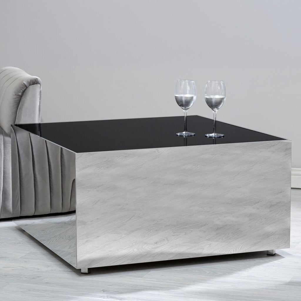 Black Tempered Glass Square Coffee Table with Chrome Frame