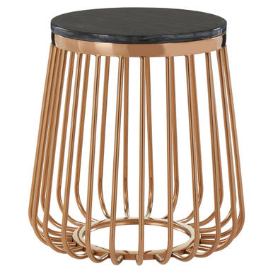 Black Marble Round Side Table with Gold Cage Base