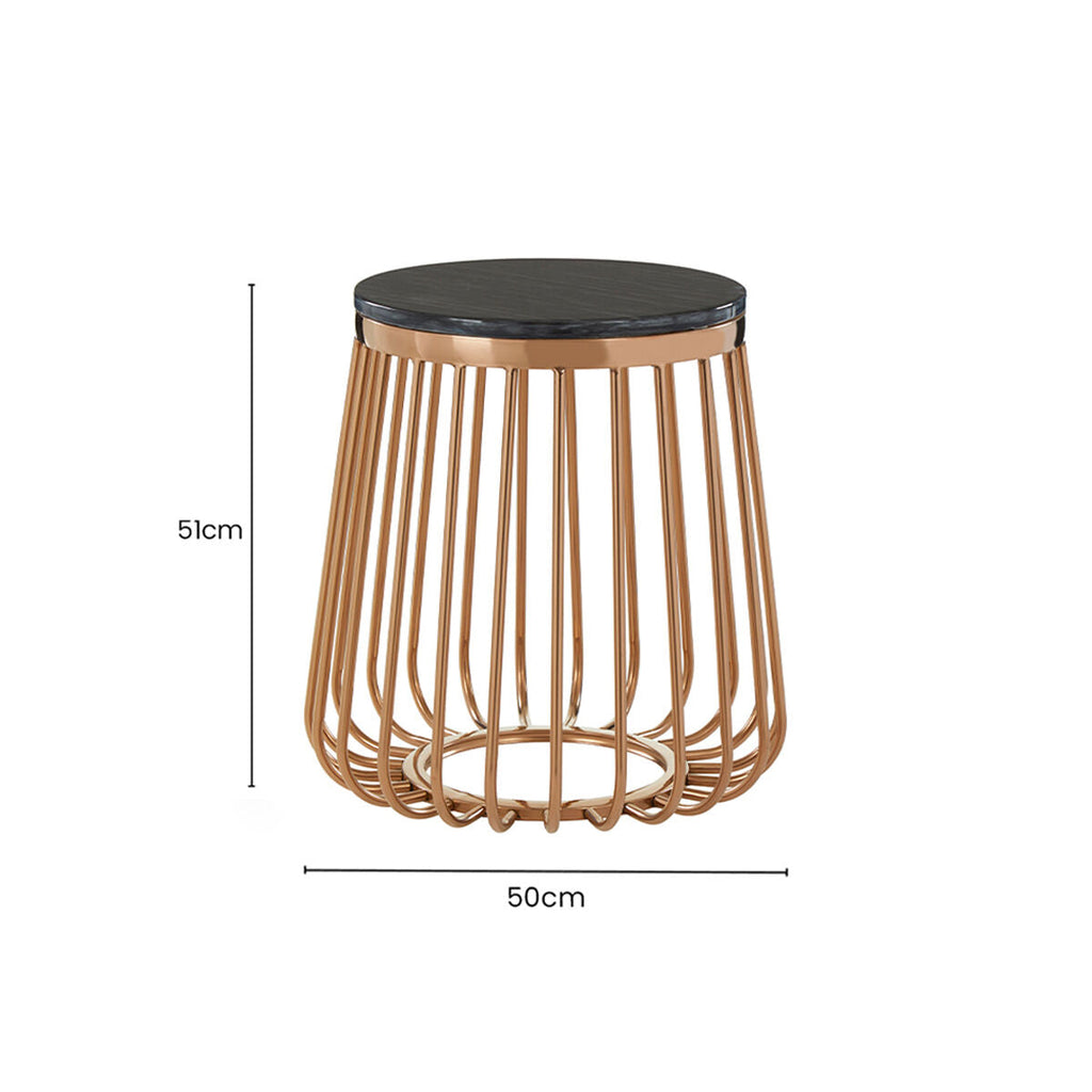 Black Marble Round Side Table with Gold Cage Base
