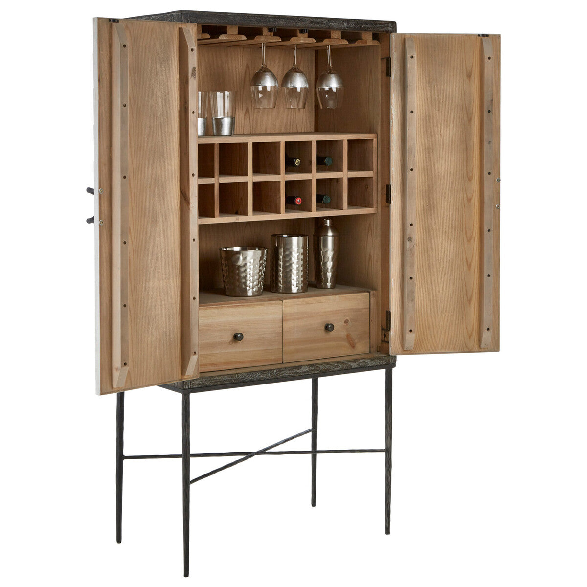 Two Door Elm Wood Wine Cabinet in Cool Grey