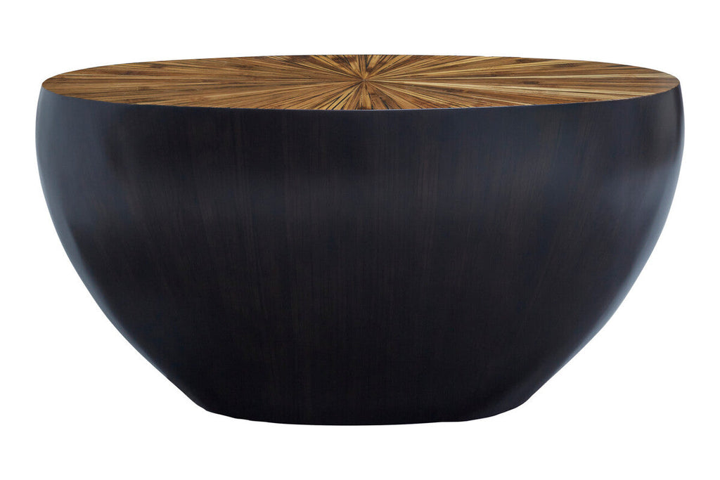 Round Console Table with Starburst Wood Top and Grey Bamboo Base