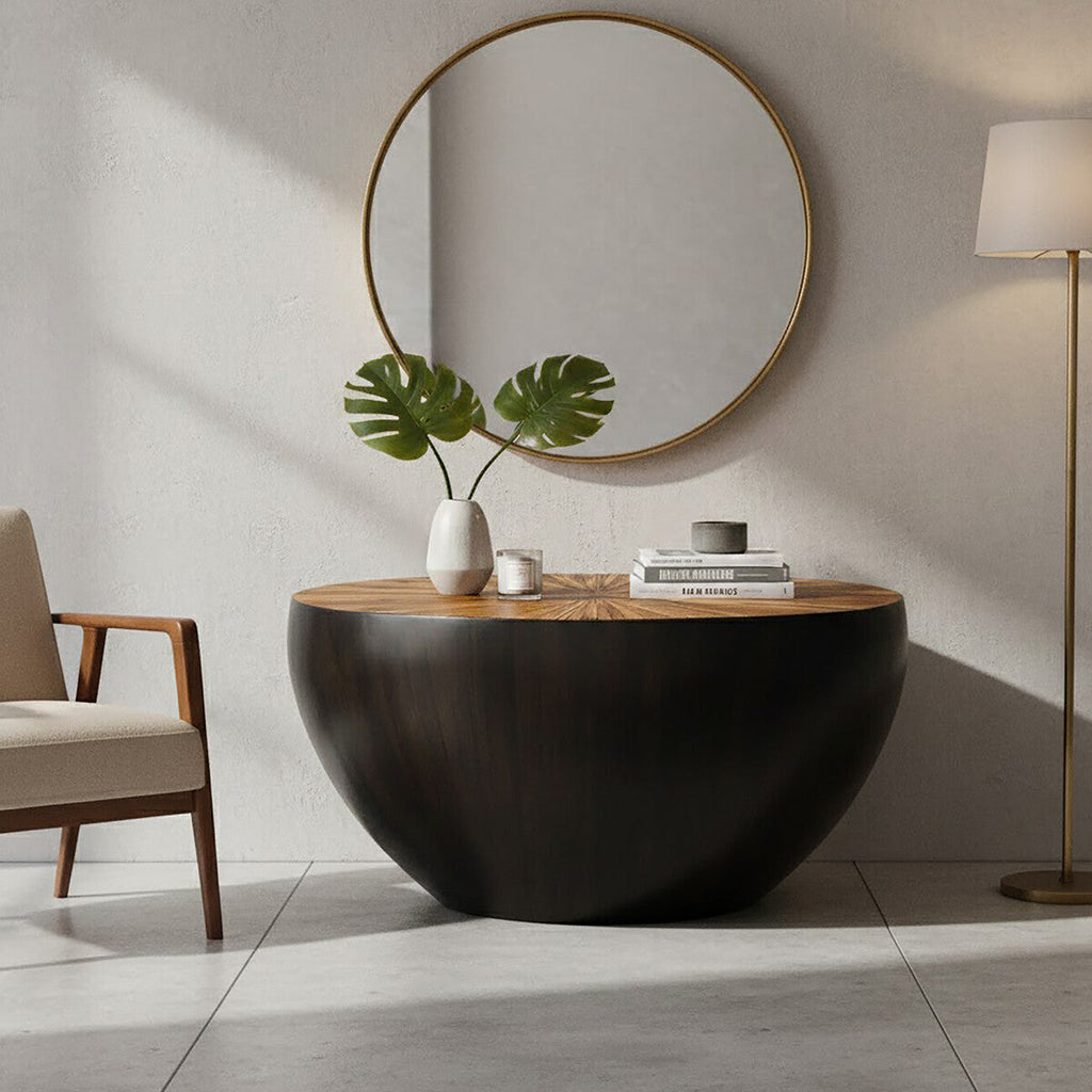 Round Console Table with Starburst Wood Top and Grey Bamboo Base