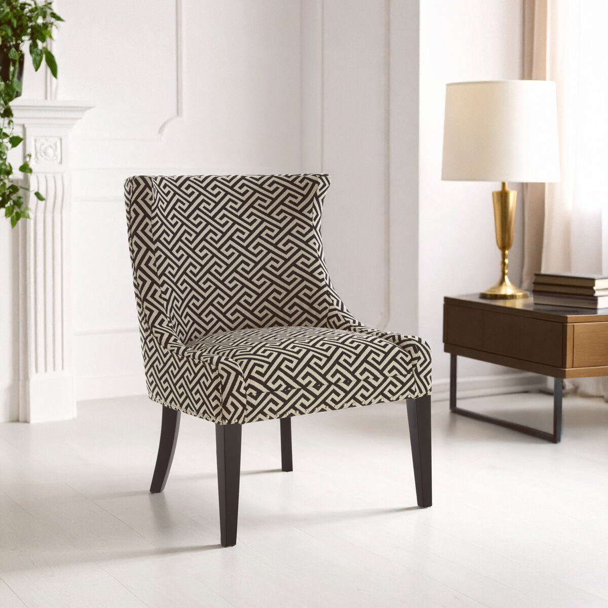 Greek Key Design Wingback Accent Chair with Black Legs